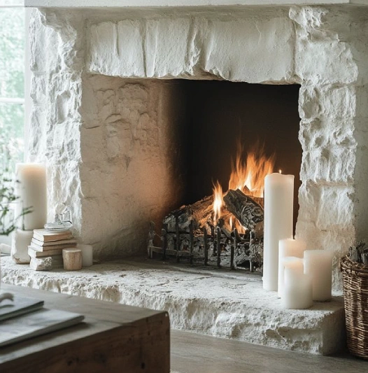Luxury living room interior with fireplace, candles and Christmas decorations