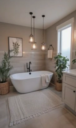 Cozy living room with wooden coffee table, stacked books, vases, plants and sofas.